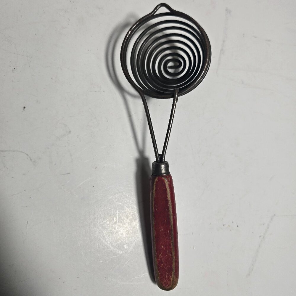 Vintage Spring Coil Wire Whisk with Red Wooden Handle – Mid-Century Egg Beater